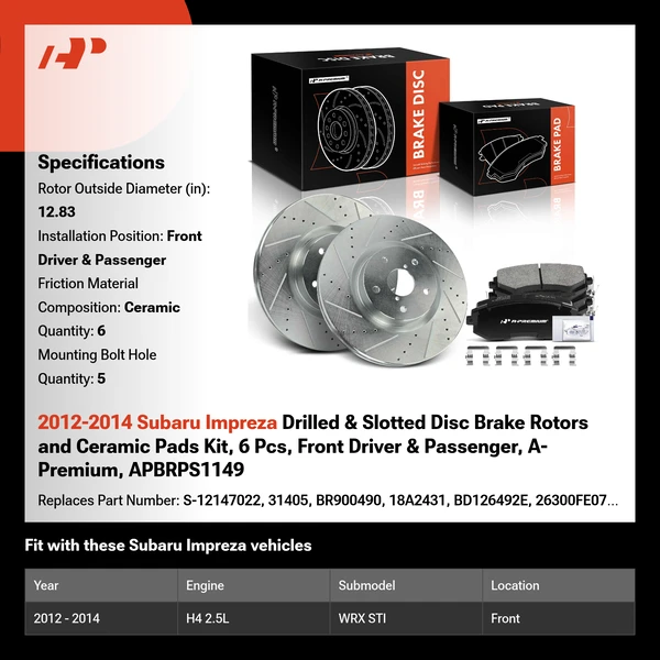 2012-2014 Subaru Impreza Drilled & Slotted Disc Brake Rotors and Ceramic Pads Kit, 6 Pcs, Front Driver & Passenger, A-Premium, APBRPS1149