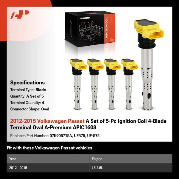 2012-2015 Volkswagen Passat A Set of 5-Pc Ignition Coil 4-Blade Terminal Oval A-Premium APIC1608