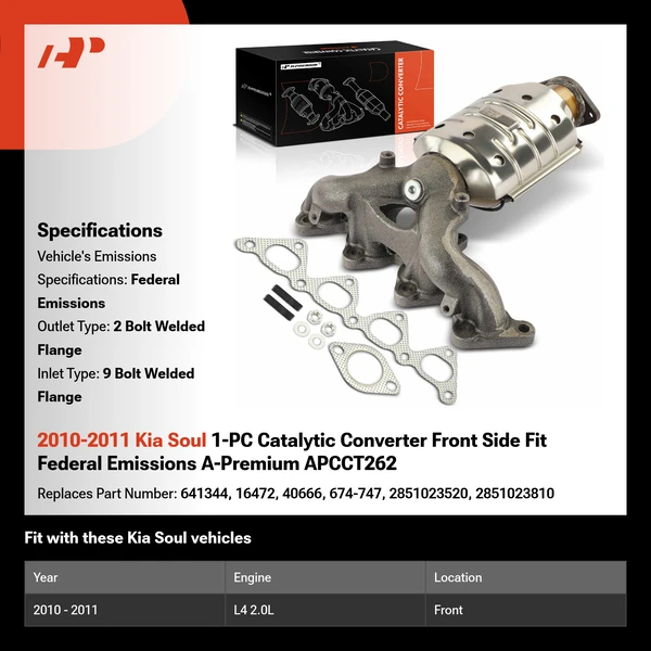 2010-2011 Kia Soul 1-PC Catalytic Converter Front Side Fit Federal Emissions A-Premium APCCT262