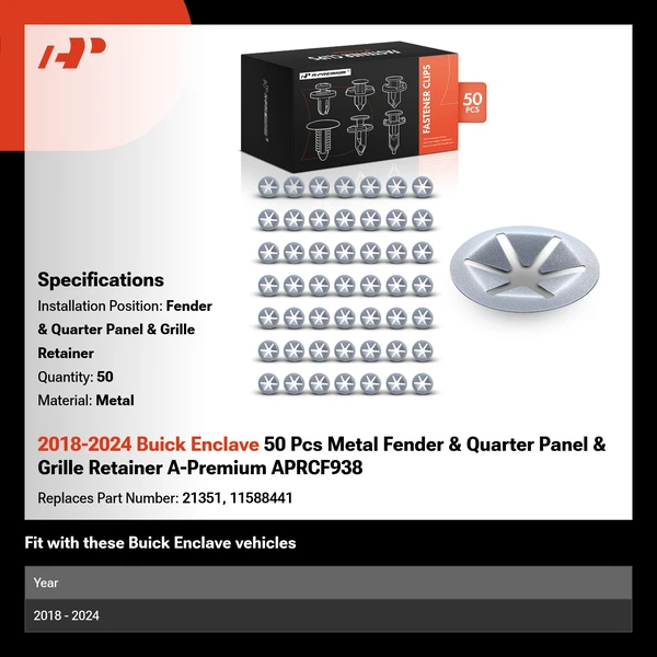 2018-2024 Buick Enclave 50 Pcs Metal Fender & Quarter Panel & Grille Retainer A-Premium APRCF938