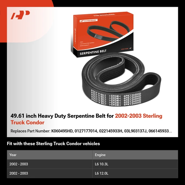 49.61 inch Heavy Duty Serpentine Belt for 2002-2003 Sterling Truck Condor