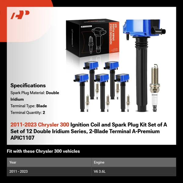 2011-2023 Chrysler 300 Ignition Coil and Spark Plug Kit Set of A Set of 12 Double Iridium Series, 2-Blade Terminal A-Premium APIC1107