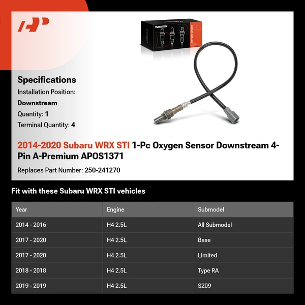 2014-2020 Subaru WRX STI 1-Pc Oxygen Sensor Downstream 4-Pin A-Premium APOS1371