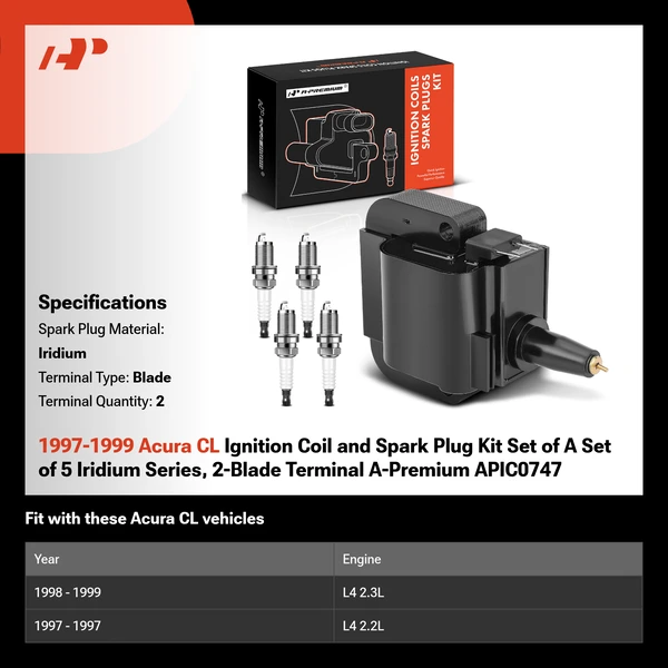1997-1999 Acura CL Ignition Coil and Spark Plug Kit Set of A Set of 5 Iridium Series, 2-Blade Terminal A-Premium APIC0747