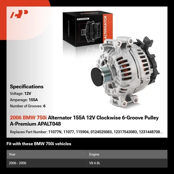 2006 BMW 750i Alternator 155A 12V Clockwise 6-Groove Pulley A-Premium APALT048