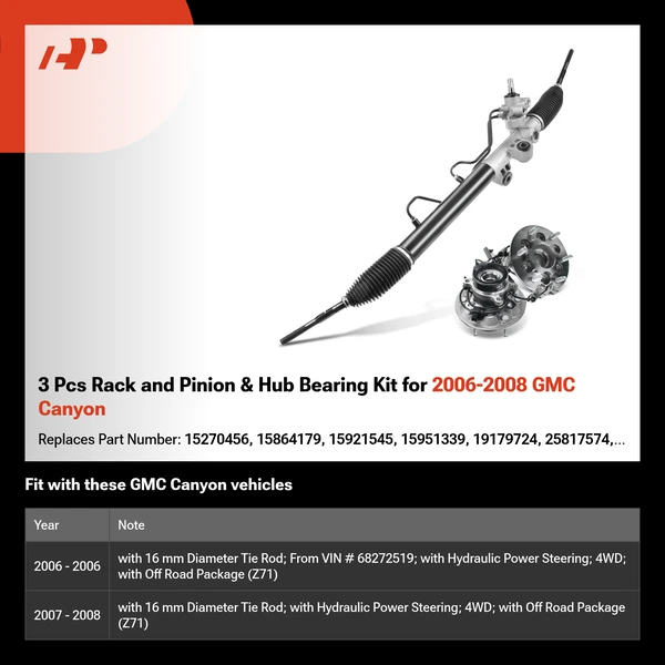 3 Pcs Rack and Pinion & Hub Bearing Kit for 2006-2008 GMC Canyon
