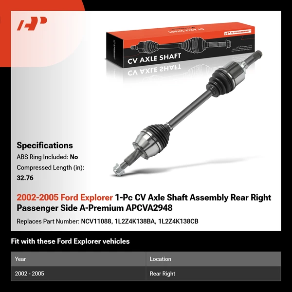 2002-2005 Ford Explorer 1-Pc CV Axle Shaft Assembly Rear Right Passenger Side A-Premium APCVA2948