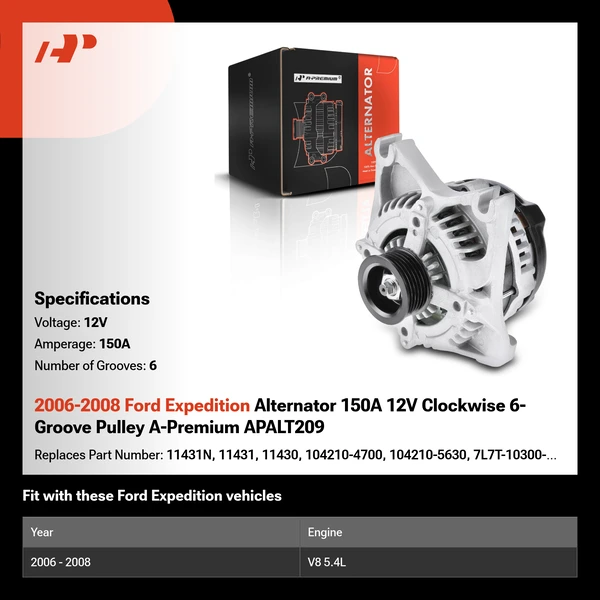 2006-2008 Ford Expedition Alternator 150A 12V Clockwise 6-Groove Pulley A-Premium APALT209