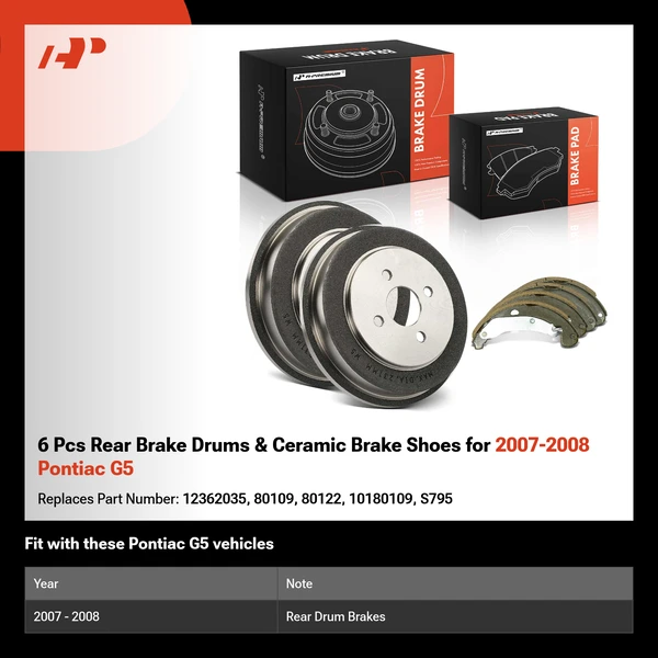6 Pcs Rear Brake Drums & Ceramic Brake Shoes for 2007-2008 Pontiac G5