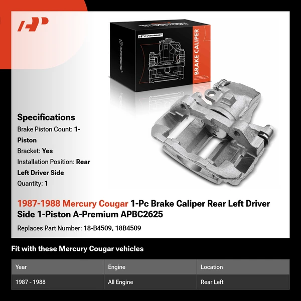1987-1988 Mercury Cougar 1-Pc Brake Caliper Rear Left Driver Side 1-Piston A-Premium APBC2625
