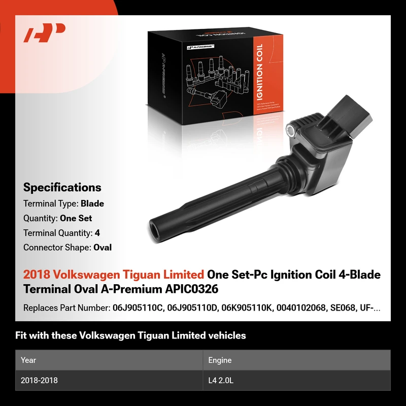 2018 Volkswagen Tiguan Limited One Set-Pc Ignition Coil 4-Blade Terminal Oval A-Premium APIC0326