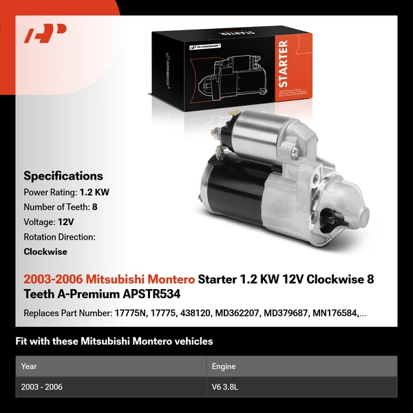 2003-2006 Mitsubishi Montero Starter 1.2 KW 12V Clockwise 8 Teeth A-Premium APSTR534