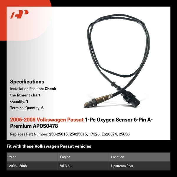 2006-2008 Volkswagen Passat 1-Pc Oxygen Sensor 6-Pin A-Premium APOS0478