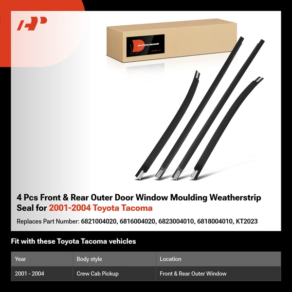 4 Pcs Front & Rear Outer Door Window Moulding Weatherstrip Seal for 2001-2004 Toyota Tacoma