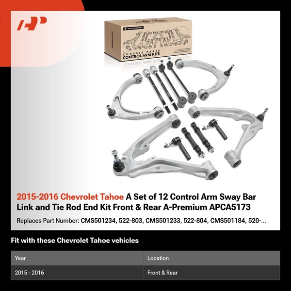 2015-2016 Chevrolet Tahoe A Set of 12 Control Arm Sway Bar Link and Tie Rod End Kit Front & Rear A-Premium APCA5173