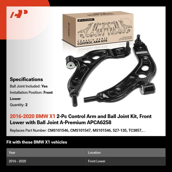 2016-2020 BMW X1 2-Pc Control Arm and Ball Joint Kit, Front Lower with Ball Joint A-Premium APCA6258