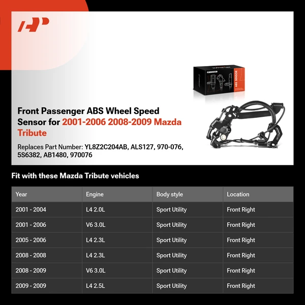 Front Passenger ABS Wheel Speed Sensor for 2001-2006 2008-2009 Mazda Tribute