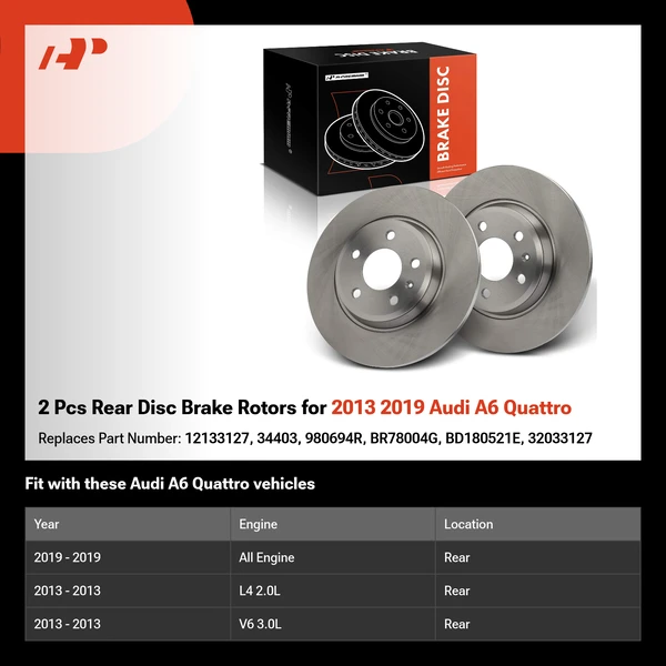 2 Pcs Rear Disc Brake Rotors for 2013 2019 Audi A6 Quattro