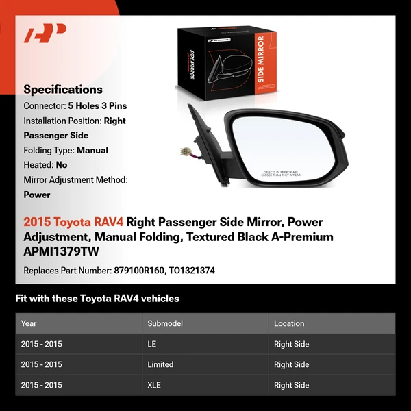 2015 Toyota RAV4 Right Passenger Side Mirror, Power Adjustment, Manual Folding, Textured Black A-Premium APMI1379TW