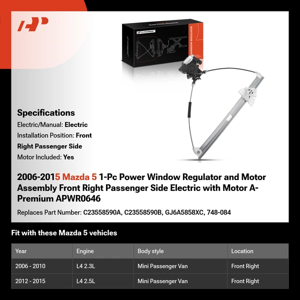 2006-2015 Mazda 5 1-Pc Power Window Regulator and Motor Assembly Front Right Passenger Side Electric with Motor A-Premium APWR0646