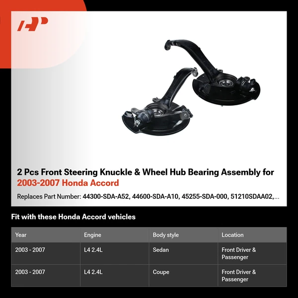 2 Pcs Front Steering Knuckle & Wheel Hub Bearing Assembly for 2003-2007 Honda Accord