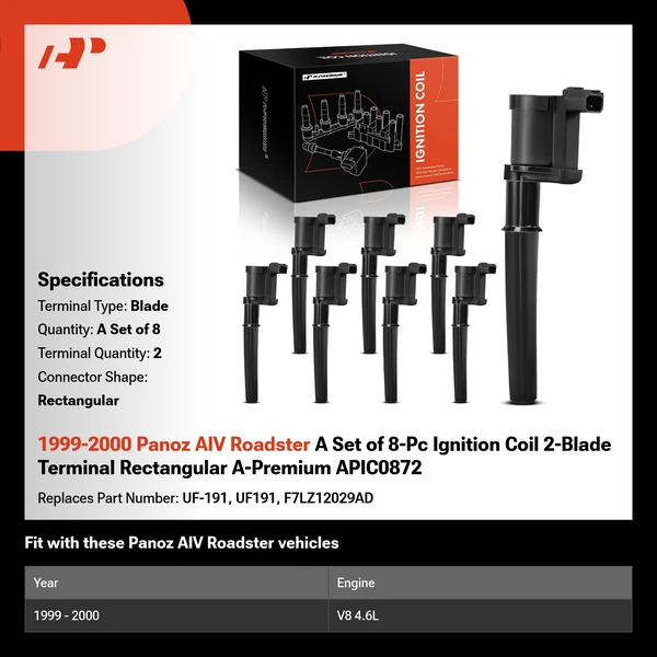 1999-2000 Panoz AIV Roadster A Set of 8-Pc Ignition Coil 2-Blade Terminal Rectangular A-Premium APIC0872