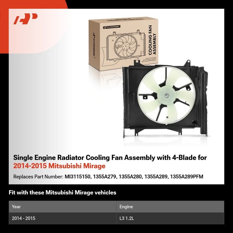 Single Engine Radiator Cooling Fan Assembly with 4-Blade for 2014-2015 Mitsubishi Mirage