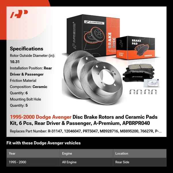 1995-2000 Dodge Avenger Disc Brake Rotors and Ceramic Pads Kit, 6 Pcs, Rear Driver & Passenger, A-Premium, APBRPR040