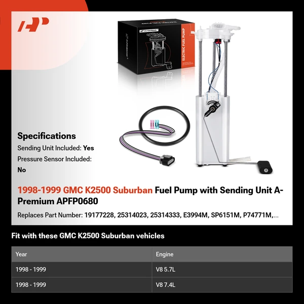 1998-1999 GMC K2500 Suburban Fuel Pump with Sending Unit A-Premium APFP0680