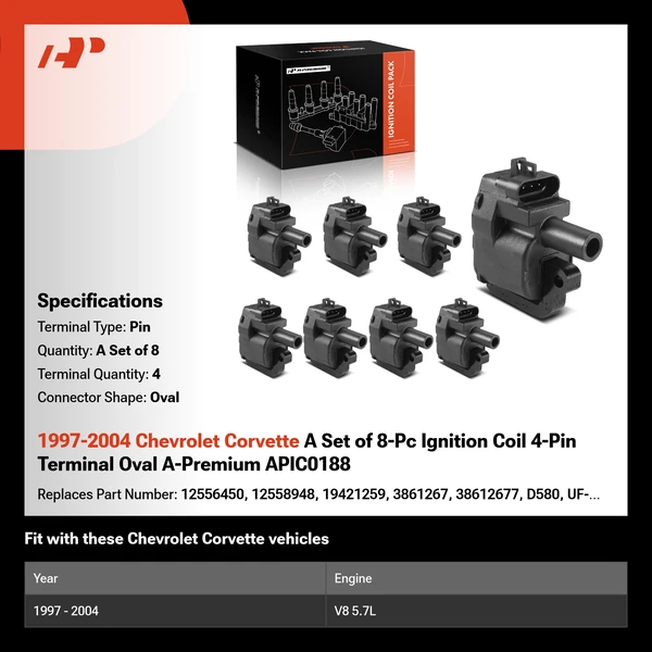 1997-2004 Chevrolet Corvette A Set of 8-Pc Ignition Coil 4-Pin Terminal Oval A-Premium APIC0188