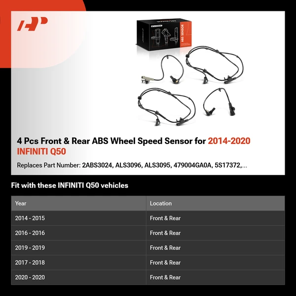 4 Pcs Front & Rear ABS Wheel Speed Sensor for 2014-2020 INFINITI Q50