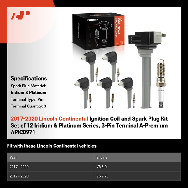 2017-2020 Lincoln Continental Ignition Coil and Spark Plug Kit Set of 12 Iridium & Platinum Series, 3-Pin Terminal A-Premium APIC0971