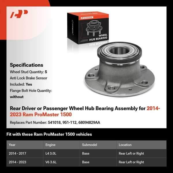 Rear Driver or Passenger Wheel Hub Bearing Assembly for 2014-2023 Ram ProMaster 1500