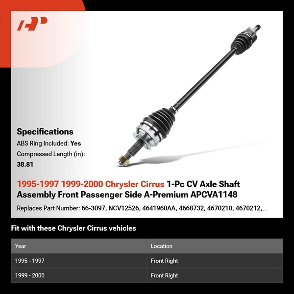 1995-1997 1999-2000 Chrysler Cirrus 1-Pc CV Axle Shaft Assembly Front Passenger Side A-Premium APCVA1148