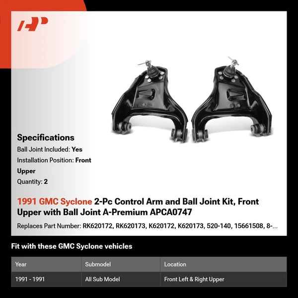 1991 GMC Syclone 2-Pc Control Arm and Ball Joint Kit, Front Upper with Ball Joint A-Premium APCA0747