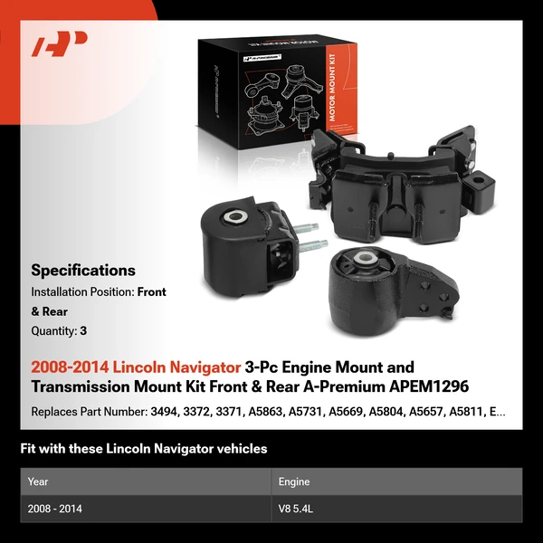 2008-2014 Lincoln Navigator 3-Pc Engine Mount and Transmission Mount Kit Front & Rear A-Premium APEM1296