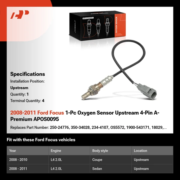 2008-2011 Ford Focus 1-Pc Oxygen Sensor Upstream 4-Pin A-Premium APOS0095