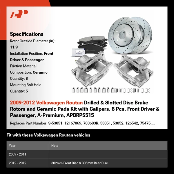 2009-2012 Volkswagen Routan Drilled & Slotted Disc Brake Rotors and Ceramic Pads Kit with Calipers, 8 Pcs, Front Driver & Passenger, A-Premium, APBRPS515