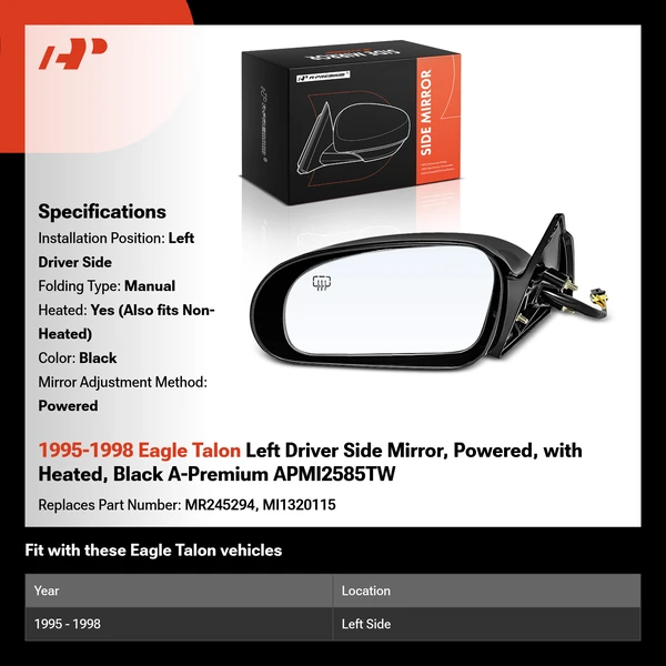 1995-1998 Eagle Talon Left Driver Side Mirror, Powered, with Heated, Black A-Premium APMI2585TW