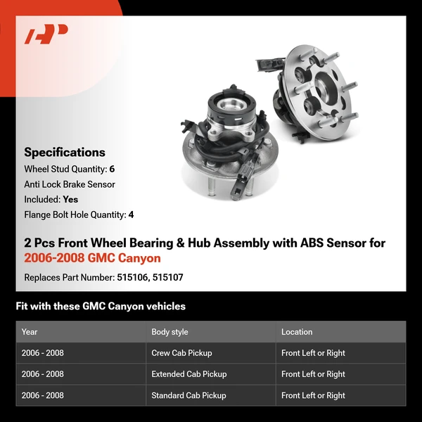 2 Pcs Front Wheel Bearing & Hub Assembly with ABS Sensor for 2006-2008 GMC Canyon