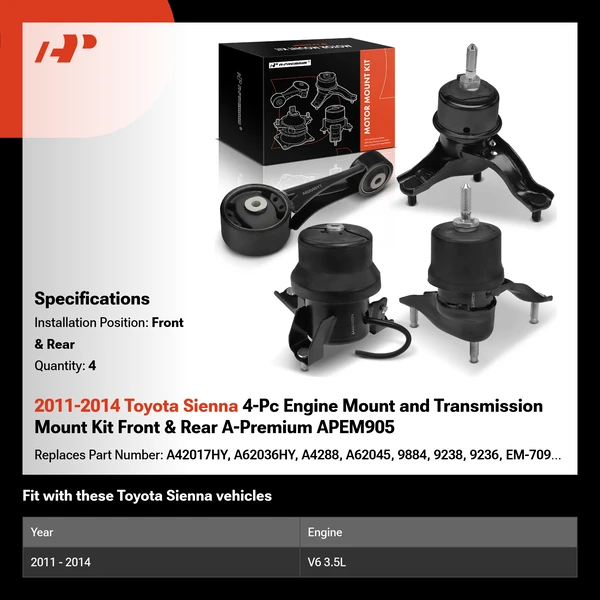2011-2014 Toyota Sienna 4-Pc Engine Mount and Transmission Mount Kit Front & Rear A-Premium APEM905