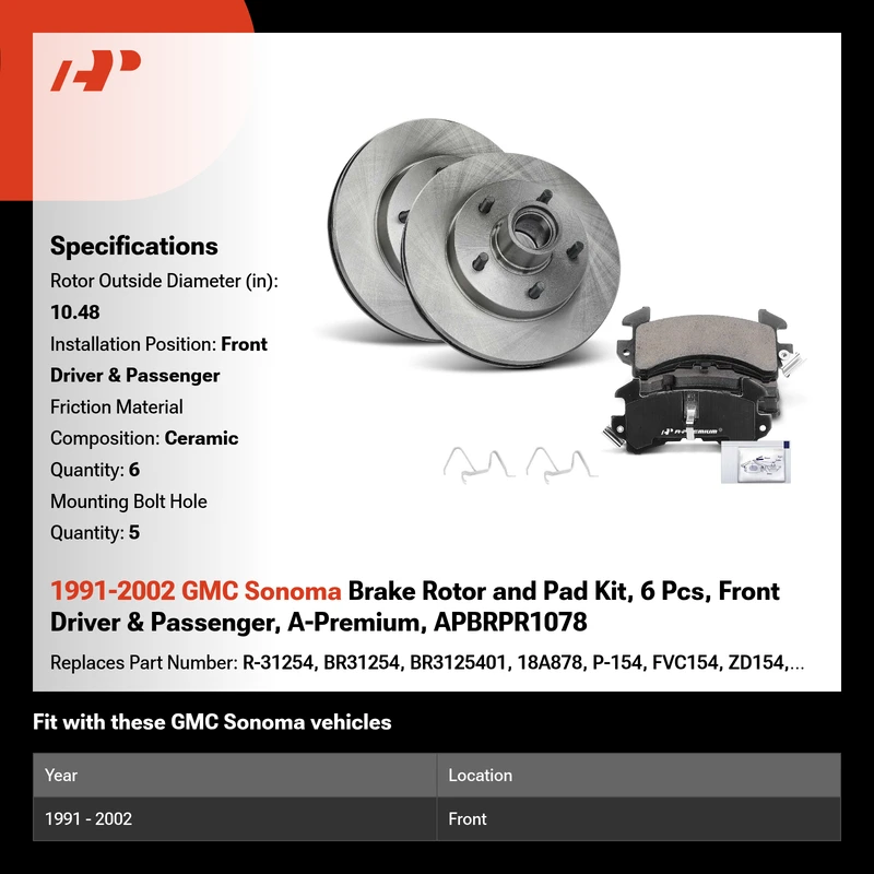 1991-2002 GMC Sonoma Brake Rotor and Pad Kit, 6 Pcs, Front Driver & Passenger, A-Premium, APBRPR1078
