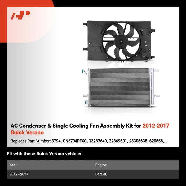 AC Condenser & Single Cooling Fan Assembly Kit for 2012-2017 Buick Verano