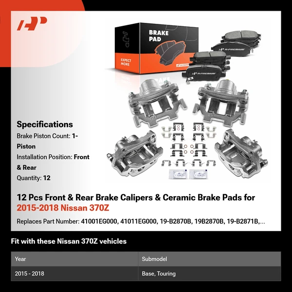 12 Pcs Front & Rear Brake Calipers & Ceramic Brake Pads for 2015-2018 Nissan 370Z