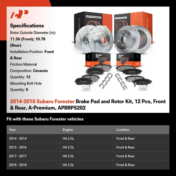 2014-2018 Subaru Forester Brake Pad and Rotor Kit, 12 Pcs, Front & Rear, A-Premium, APBRPS202