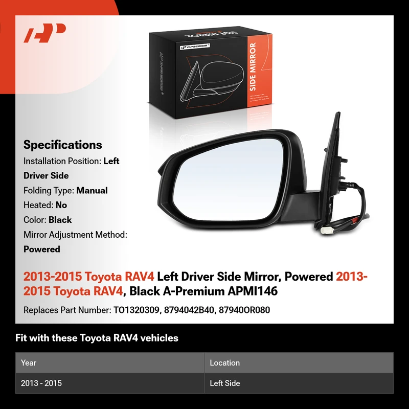 2013-2015 Toyota RAV4 Left Driver Side Mirror, Powered 2013-2015 Toyota RAV4, Black A-Premium APMI146