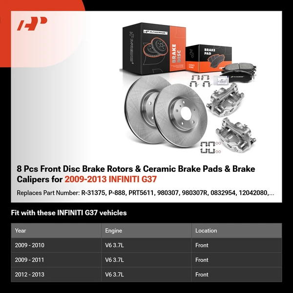 8 Pcs Front Disc Brake Rotors & Ceramic Brake Pads & Brake Calipers for 2009-2013 INFINITI G37