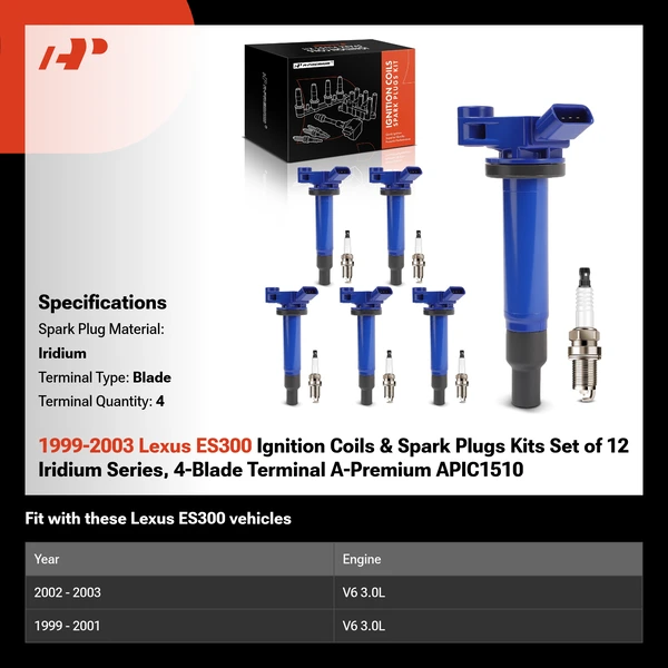 1999-2003 Lexus ES300 Ignition Coils & Spark Plugs Kits Set of 12 Iridium Series, 4-Blade Terminal A-Premium APIC1510