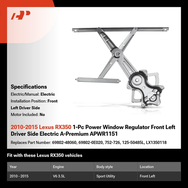 2010-2015 Lexus RX350 1-Pc Power Window Regulator Front Left Driver Side Electric A-Premium APWR1151