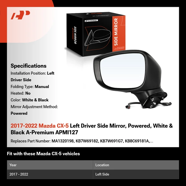 2017-2022 Mazda CX-5 Left Driver Side Mirror, Powered, White & Black A-Premium APMI127